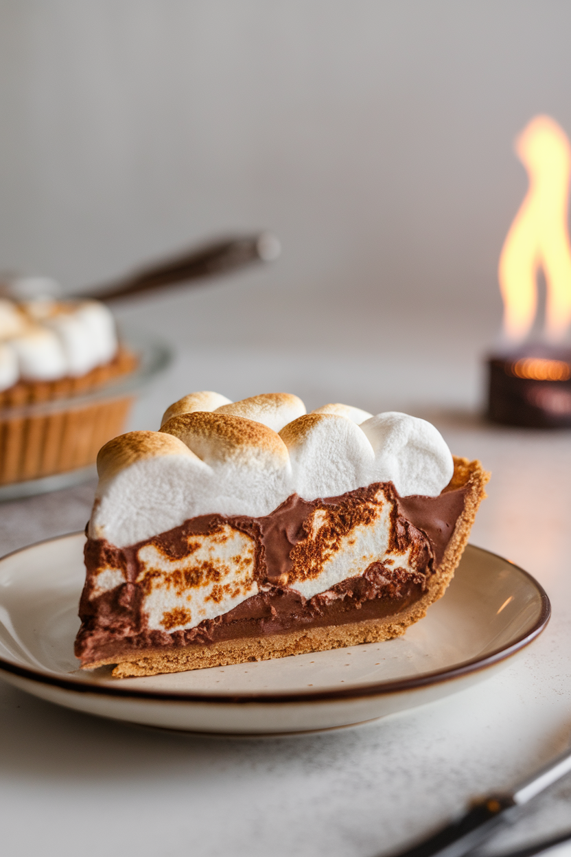 Indoor photo of a slice of s’mores pie showing graham crust, chocolate filling, and toasted marshmallow topping. No text or logos.