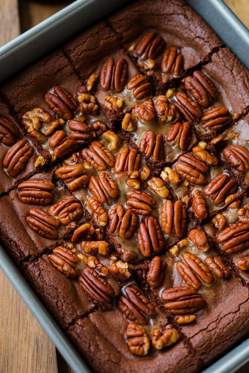 Indoor photo of deep-dish brownie squares with gooey pecan pie topping bubbling slightly like cauldron brew; no text or logos
