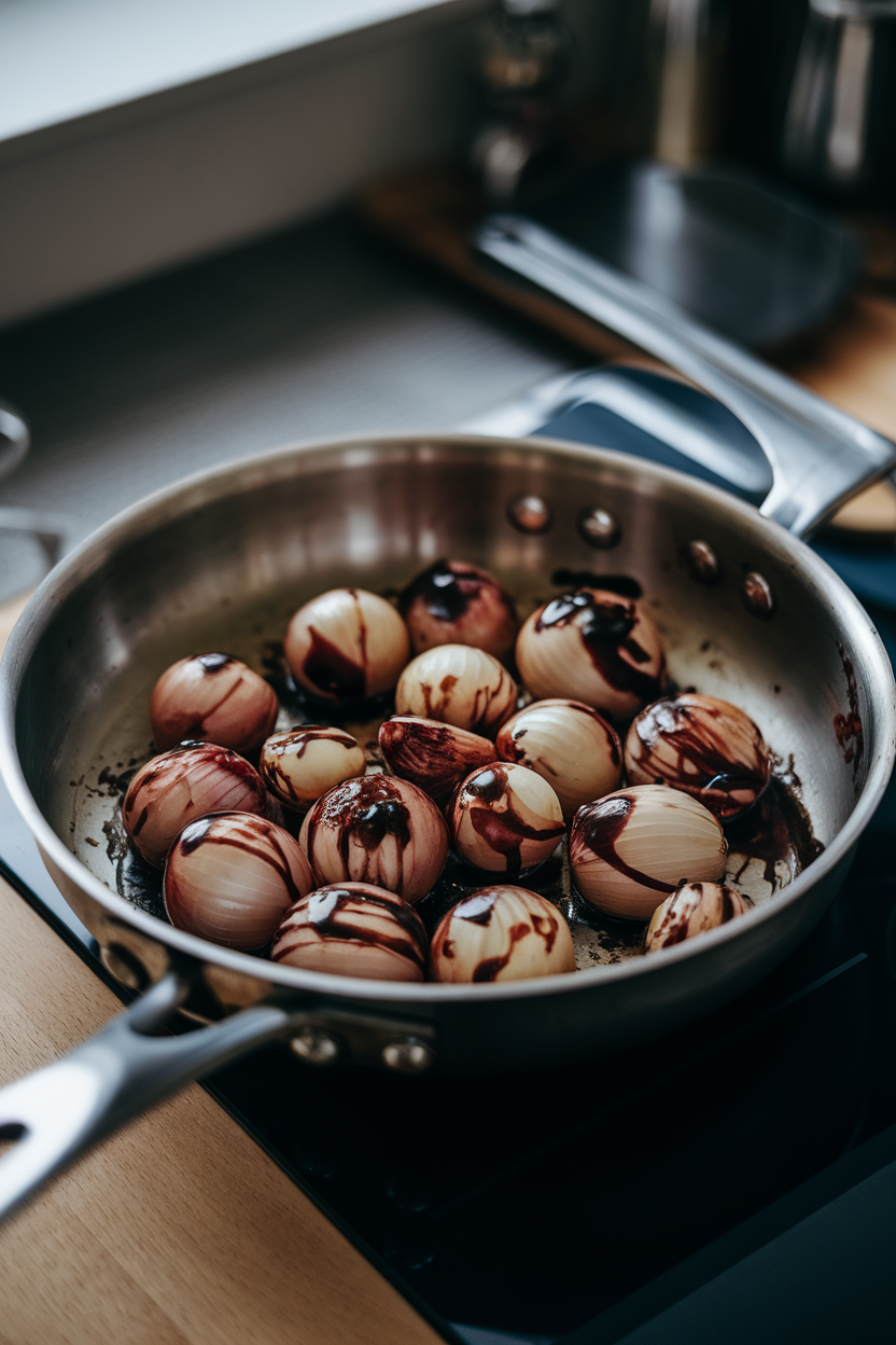 A shallow sauté pan indoors holding glossy pearl onions coated in dark balsamic reduction; gentle overhead light, no text or logos. Photo only.
