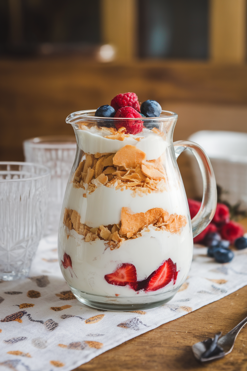 Indoor photo of stemless wine glasses layered with coconut cream, toasted coconut flakes, and crushed vanilla wafers. No text or logos.