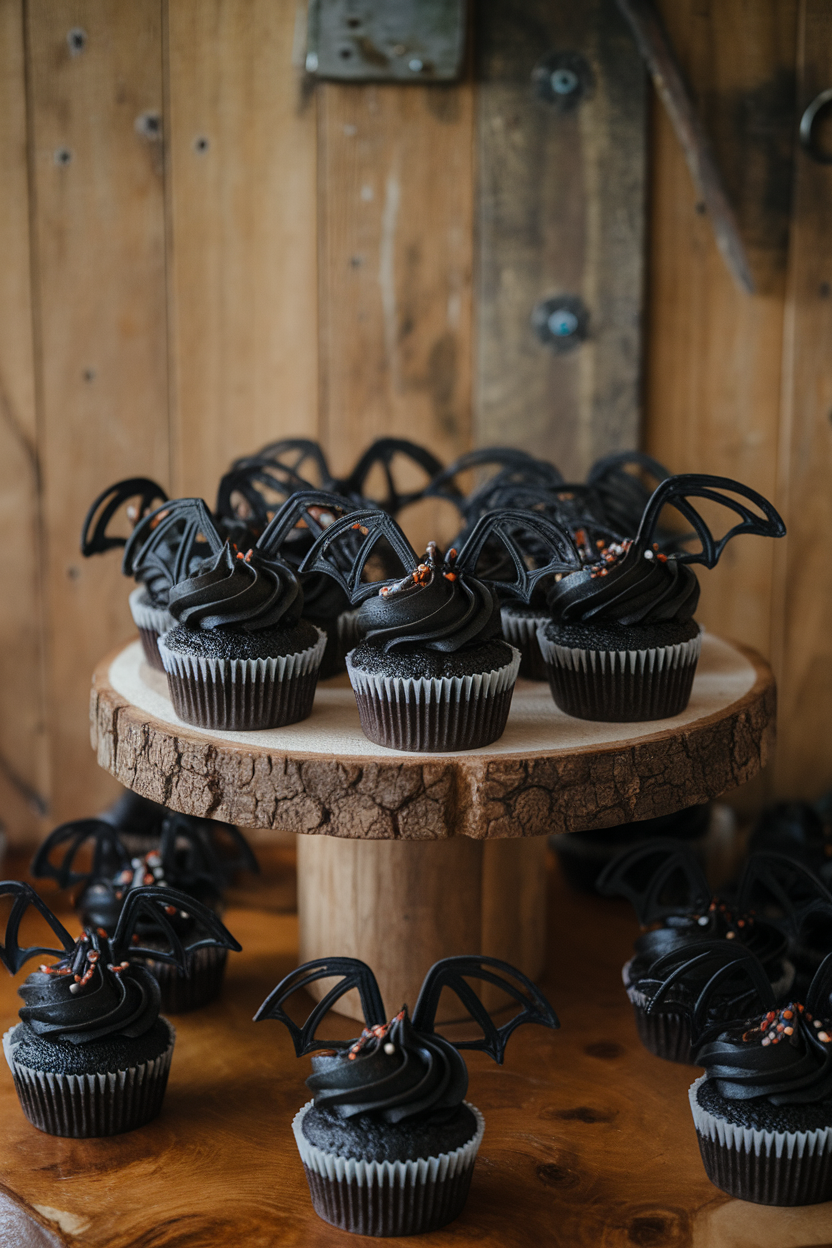 Indoor bakery display of dark chocolate cupcakes topped with black frosting and cut-out licorice “bat wings.” Photo only, no text or logos.
