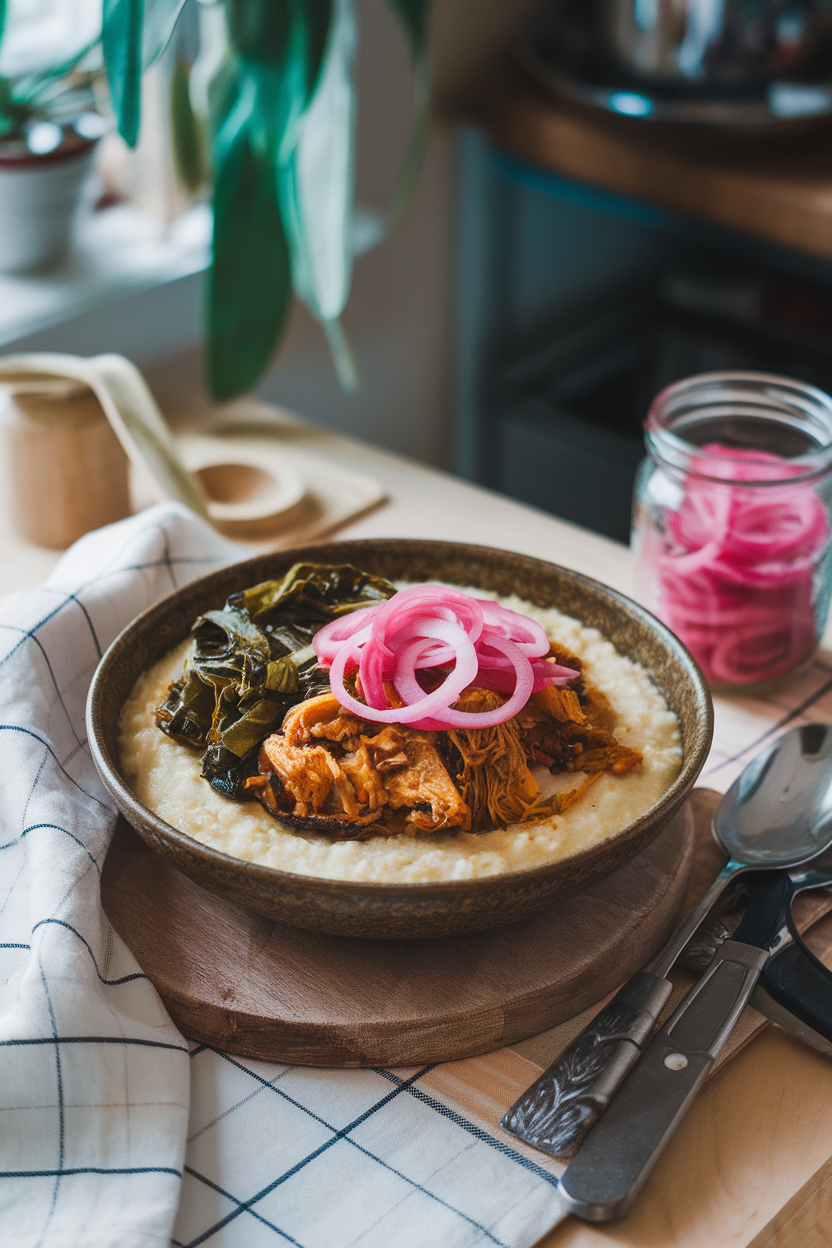 Photo of an indoor kitchen table with a rustic bowl of creamy cornmeal grits topped with smoky BBQ pulled jackfruit, sautéed collard greens, and pickled onions. No text or logos present.