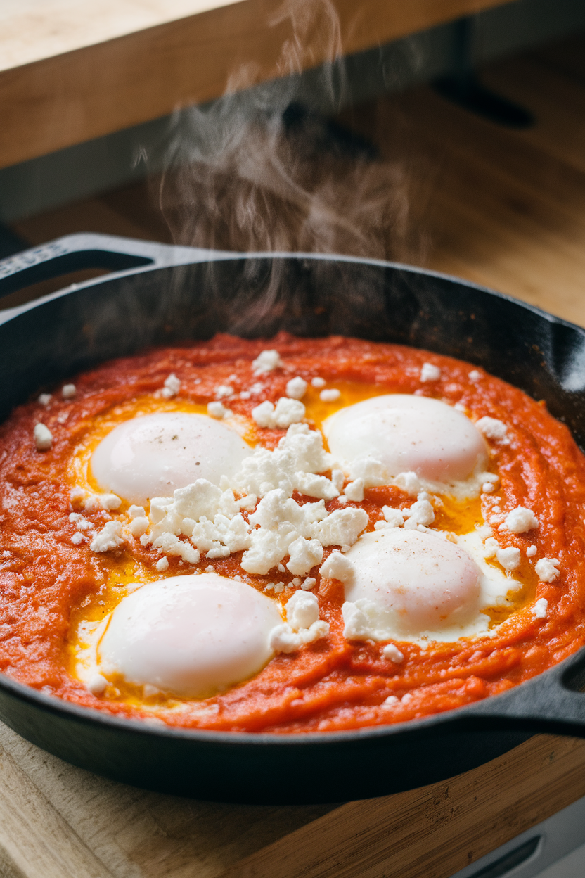 Cast-iron skillet indoors filled with tomato-pepper sauce and poached eggs, feta crumbles on top, steam rising. No text or logos.