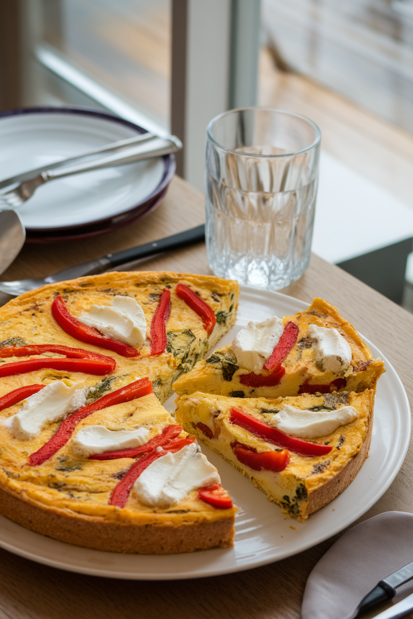 Photo, indoor dining table featuring a sliced frittata dotted with red pepper strips and creamy goat cheese; no text or logos.