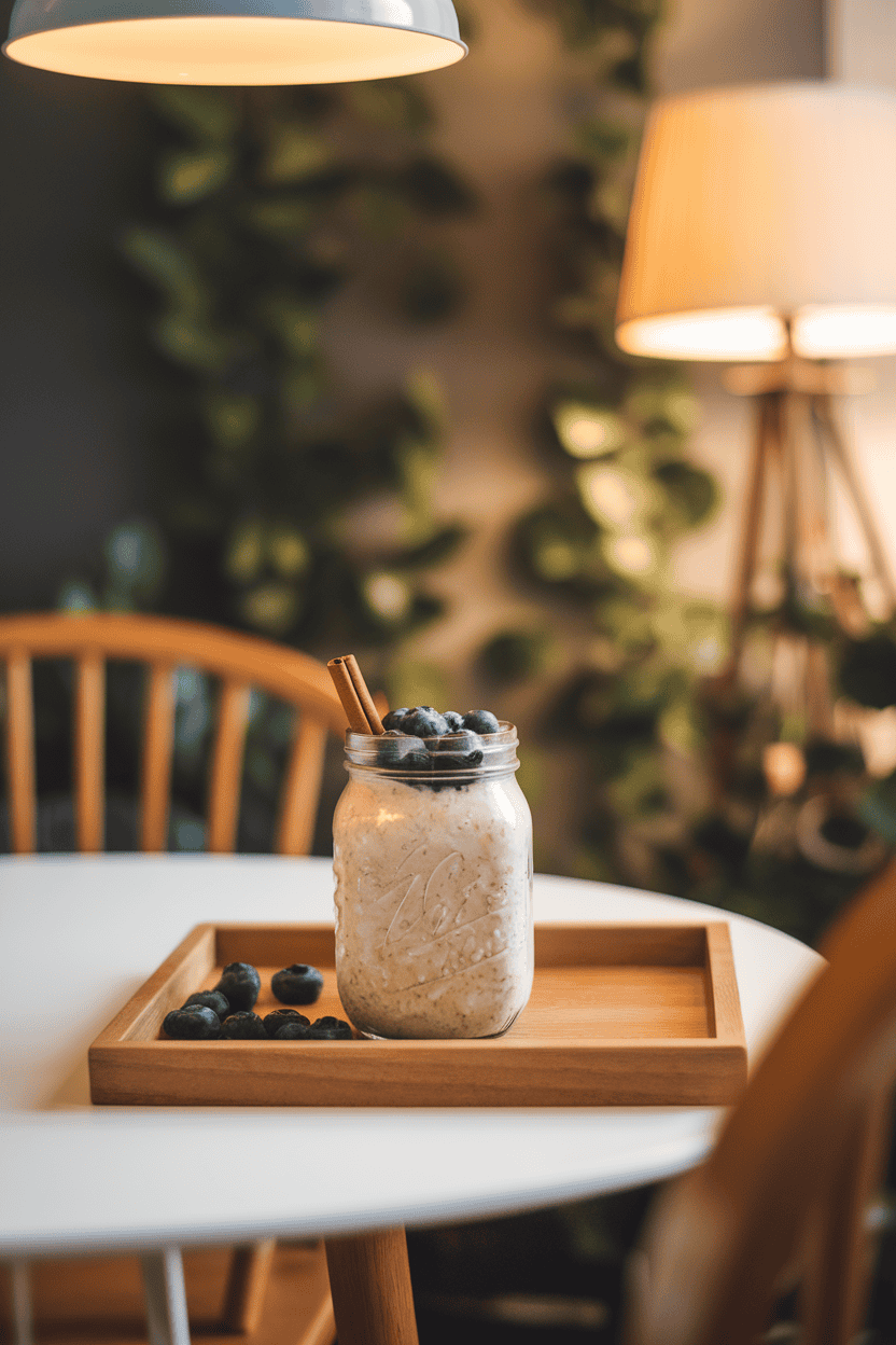 Cozy indoor breakfast nook with a mason jar of creamy overnight oats topped with blueberries and a cinnamon stick, no text or logos