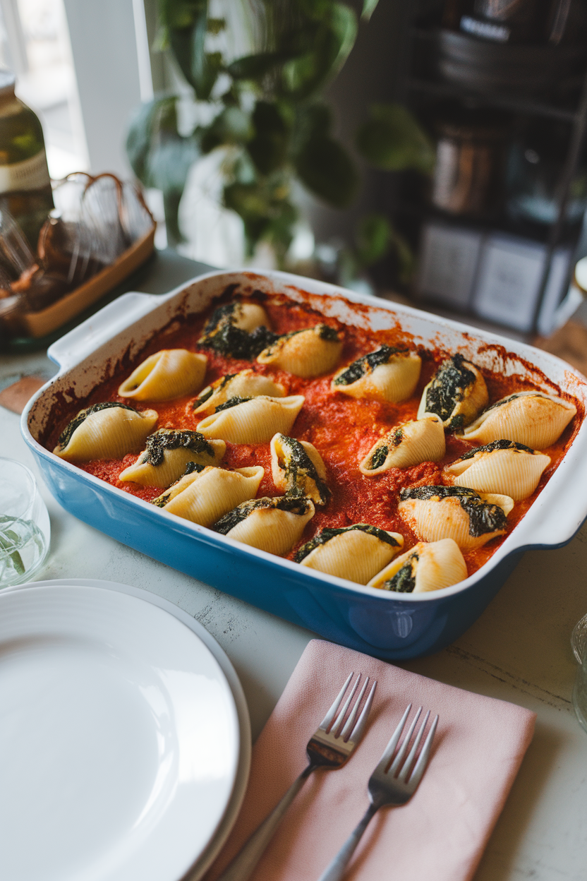 A casserole dish on an indoor table showing jumbo pasta shells filled with ricotta and spinach, sauce bubbling around the edges. No text or logos; photo only.