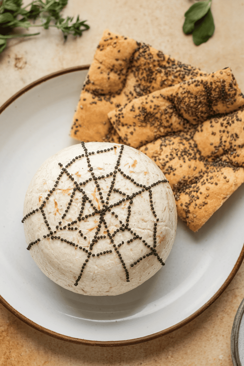 Indoor shot of a white plate with a flattened ball of cracked pepper cheese, lines of black sesame seeds drawn to form a spiderweb, served with seeded flatbreads. No text or logos.