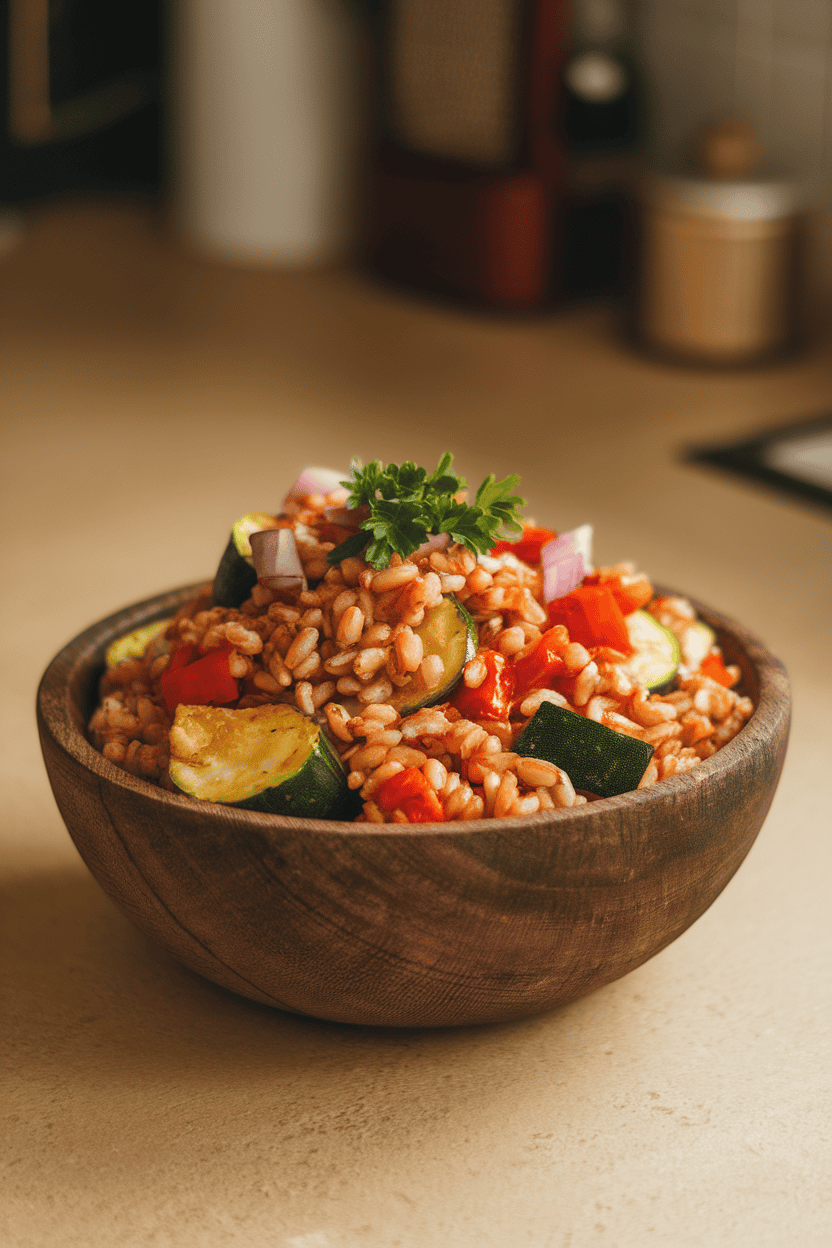 Indoor countertop photo of a rustic wooden bowl filled with cooked farro, roasted zucchini, bell peppers, and red onion chunks, garnished with parsley—no logos or text.