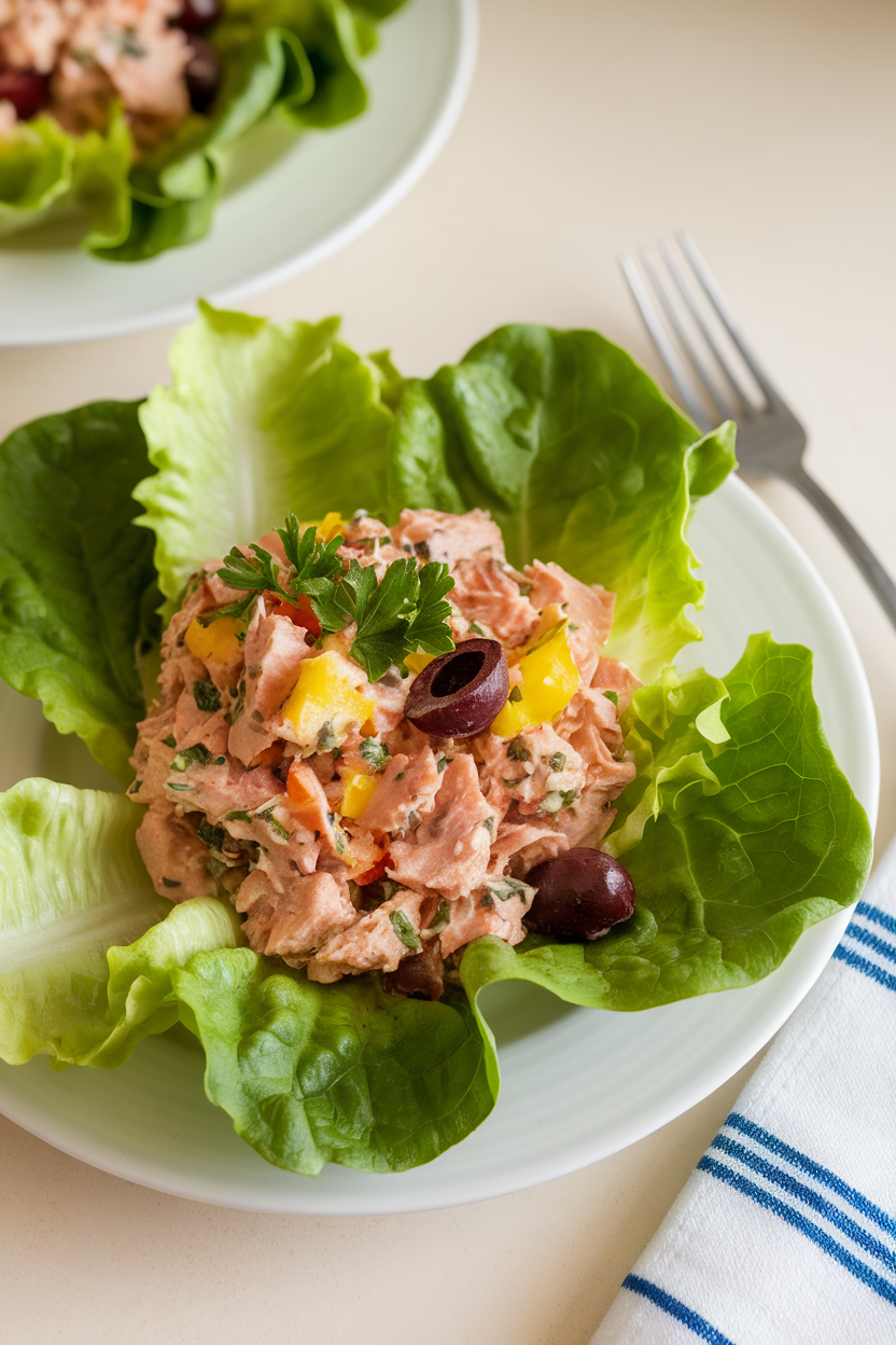 An indoor lunch plate displaying a tuna salad with olive oil, diced bell pepper, olives, and parsley, spooned atop lettuce leaves; soft light, no branding.