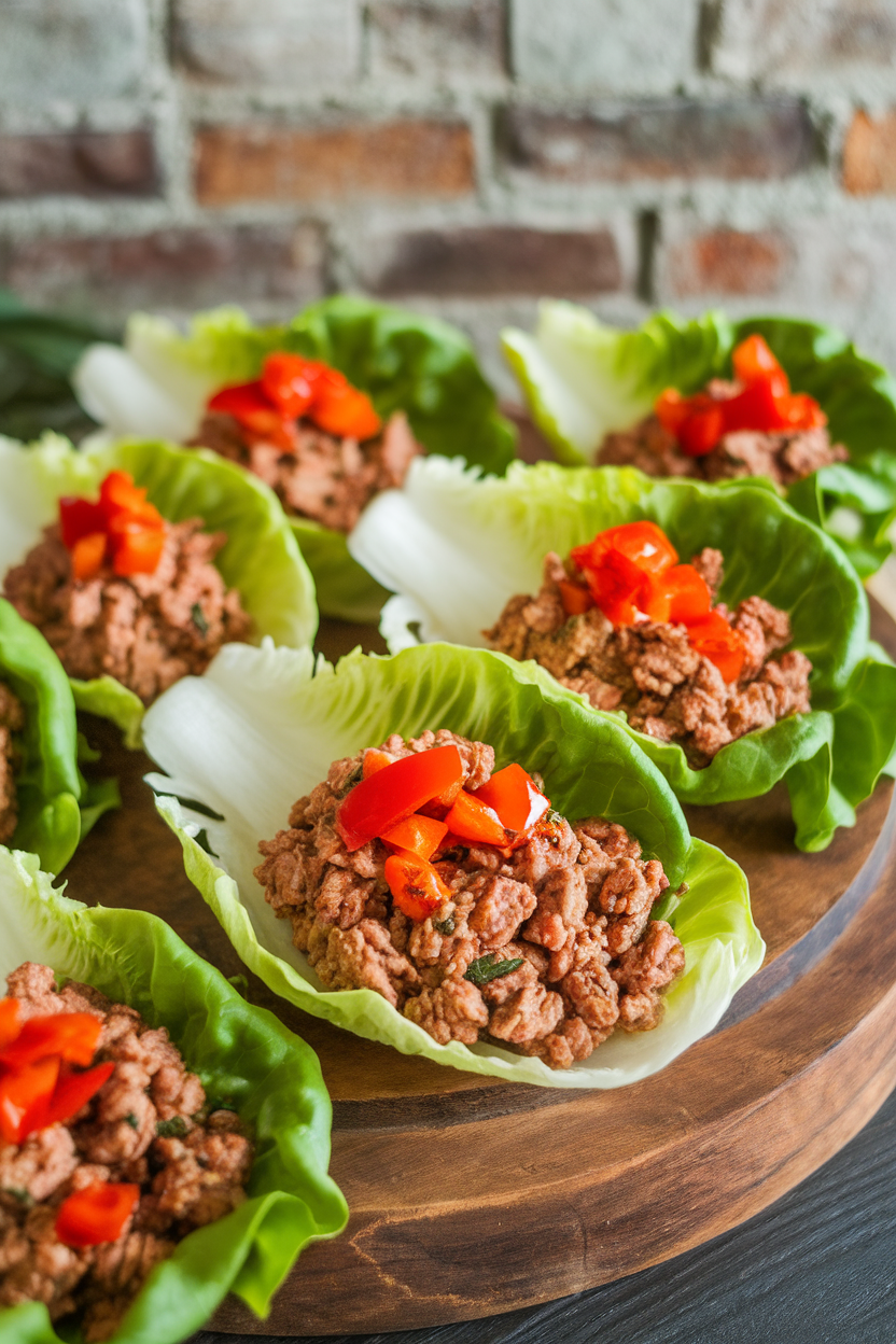 Indoor photo of butter lettuce leaves filled with ground turkey seasoned in Thai basil sauce, topped with diced red bell pepper. No text or logos.