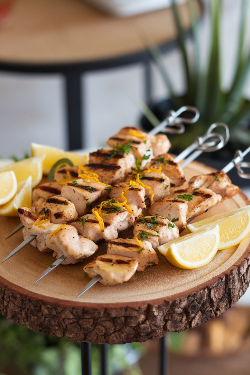 An indoor serving board with skewered grilled chicken pieces seasoned with lemon zest and oregano, accompanied by lemon wedges; no logos or text.