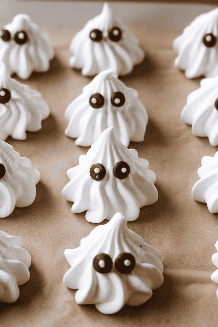 Indoor photo of white meringue cookies piped into ghost shapes, chocolate chip eyes, lined up on a parchment sheet. Neutral background, no text or logos.