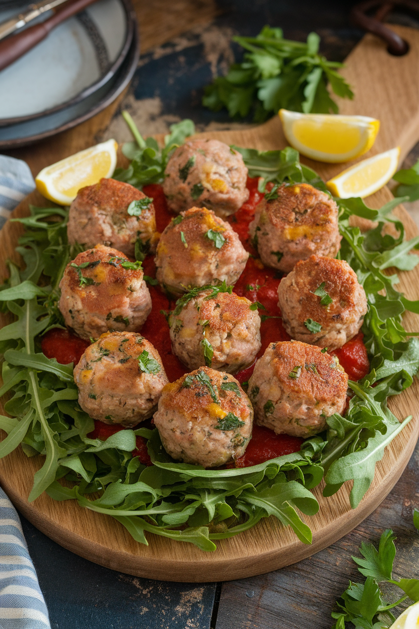 A platter indoors filled with baked turkey meatballs drizzled with lemony olive oil and served with tomato sauce on the side. No logos or text.