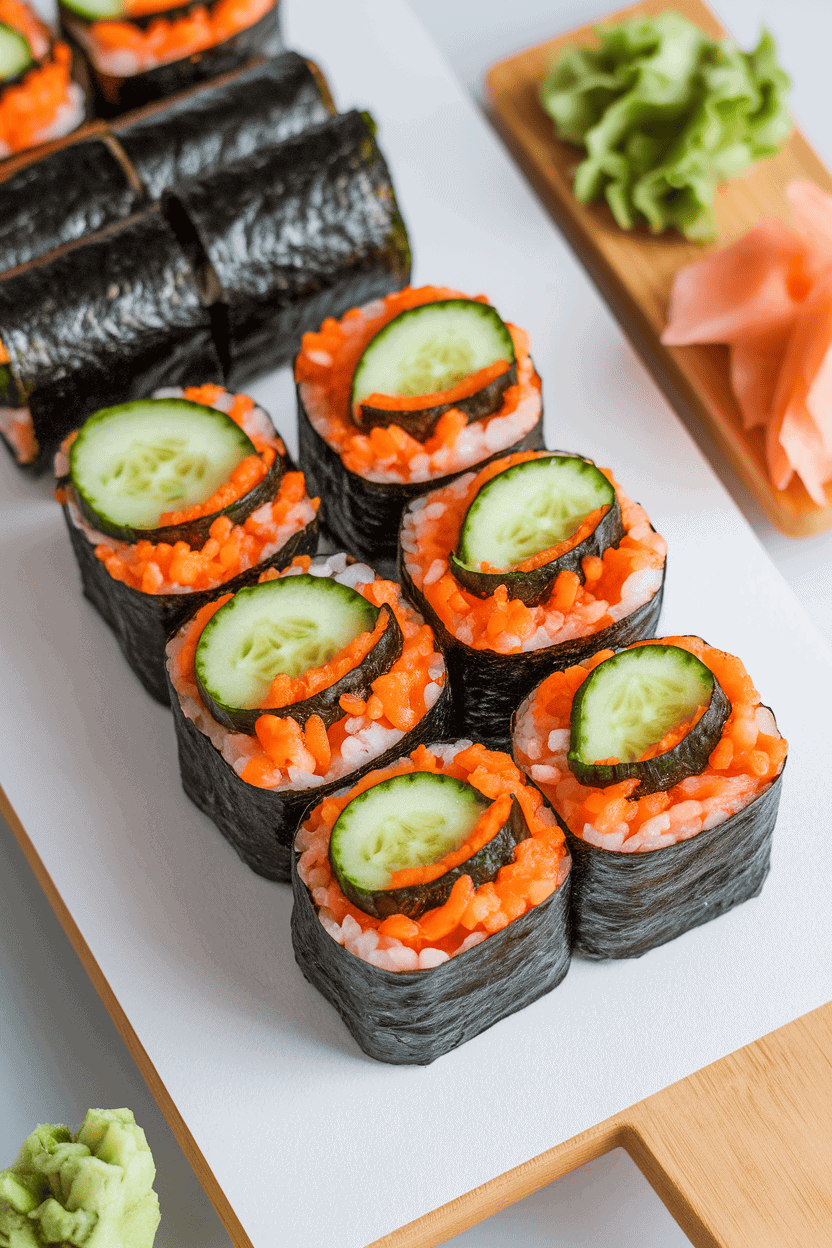 Indoor sushi board with maki rolls wrapped in black nori, orange rice tinted by carrot, topped with sliced cucumber to resemble jack-o’-lantern faces. No logos or text.