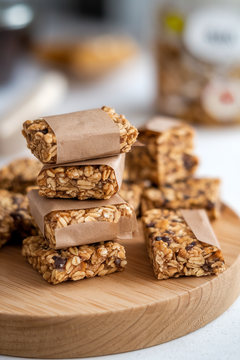 Indoor shot of several small wrapped granola bar minis stacked on a wooden board, one unwrapped to show oats and seeds. No logos or text.
