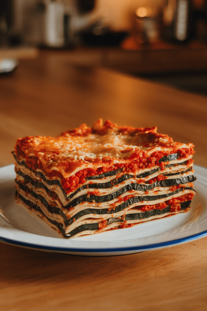 An indoor kitchen island showing a slice of veggie lasagna with visible layers of spinach, zucchini, and whole-wheat noodles, cheese lightly browned. No text or logos.