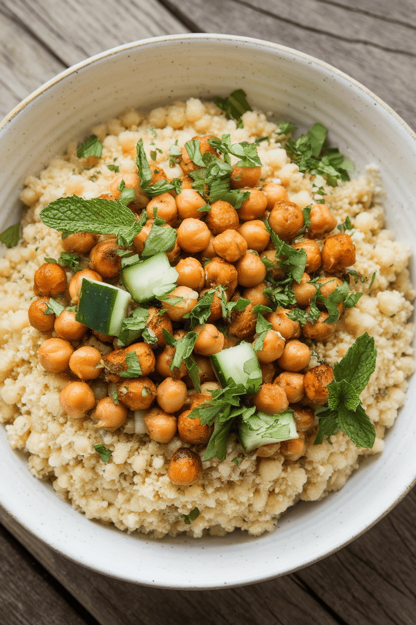 Indoor shot of fluffy couscous with roasted chickpeas, chopped mint, parsley, and diced cucumbers in a serving bowl; no logos.
