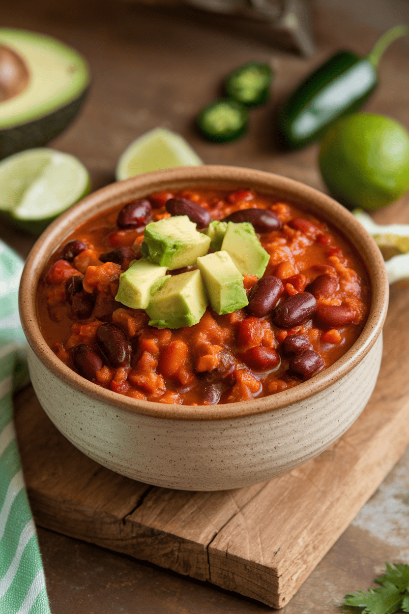 Indoor photo of a ceramic bowl of hearty turkey chili with kidney beans and black beans, topped with avocado cubes, no text or logos.