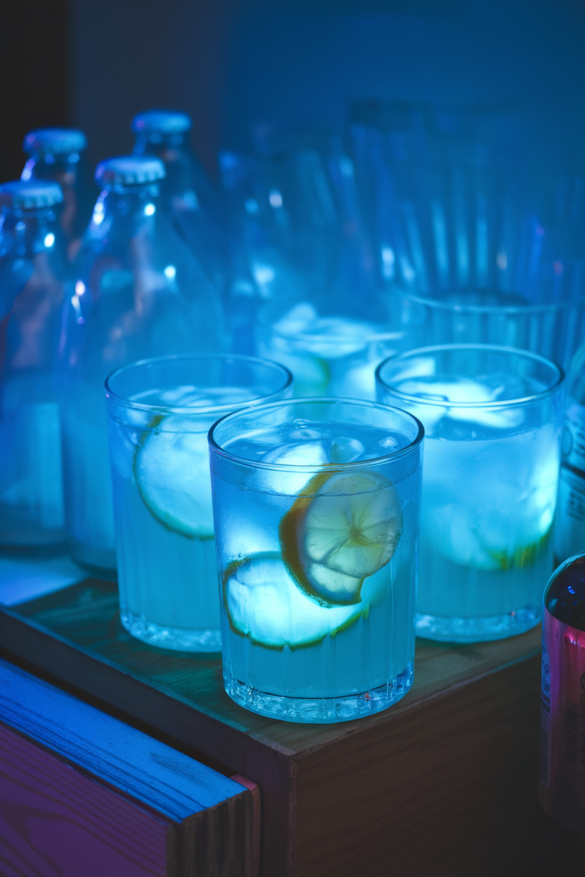 Indoor drink station under blacklight, clear glasses of tonic-based lemonade glowing electric blue, no visible labels. Photo, no text or logos.