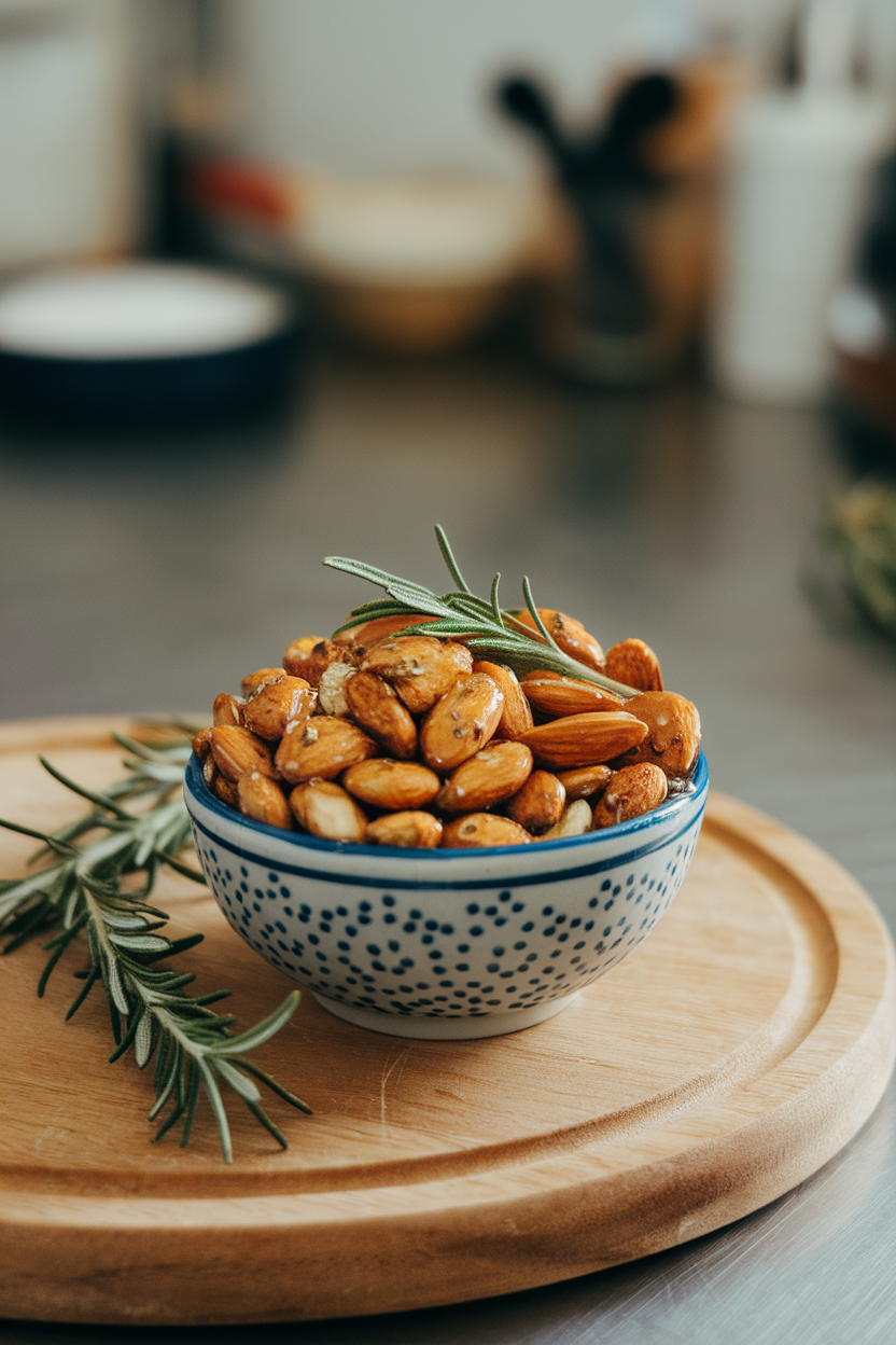 An indoor counter scene showing a small bowl of roasted almonds glistening with olive oil and flecked with rosemary; no text or logos visible.
