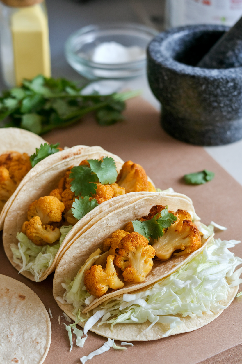 An indoor taco-assembly scene showing warm corn tortillas filled with curry roasted cauliflower, shredded cabbage, and cilantro. No text or logos; photo only.