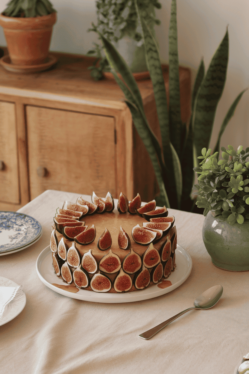 An indoor Mediterranean-style table displaying a round cake studded with halved fresh figs and a honey drizzle. No text or logos. Photo.