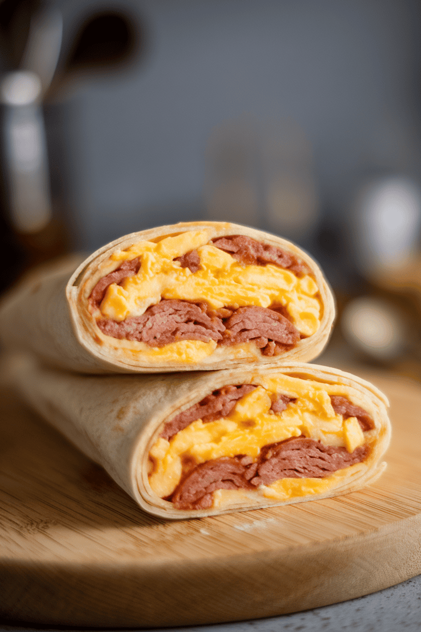 Indoor photo of a sliced breakfast burrito revealing scrambled eggs, sausage, and cheese, resting on a wooden board; no logos or text.