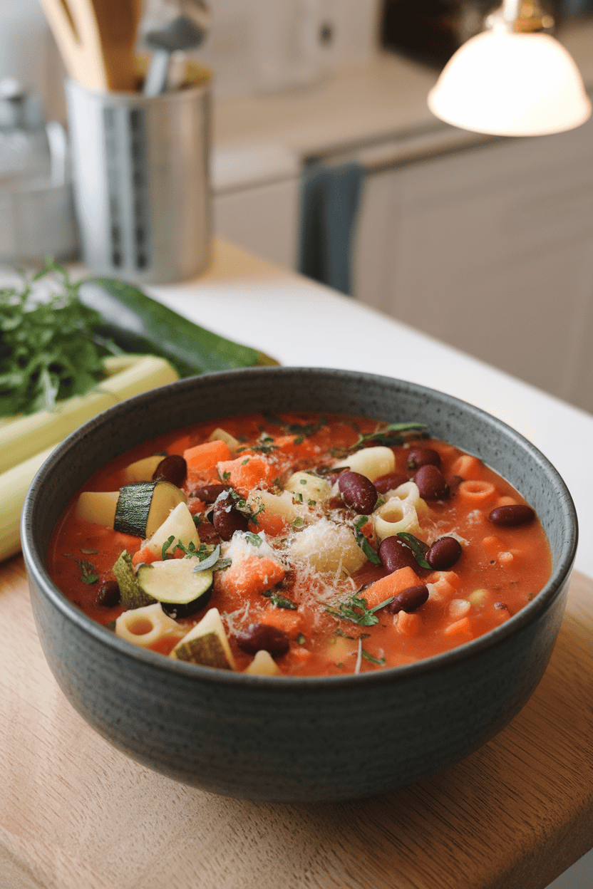 An indoor kitchen island with a deep bowl of vegetable minestrone featuring diced zucchini, carrots, kidney beans, and small pasta shells in a tomato broth. No text or logos.