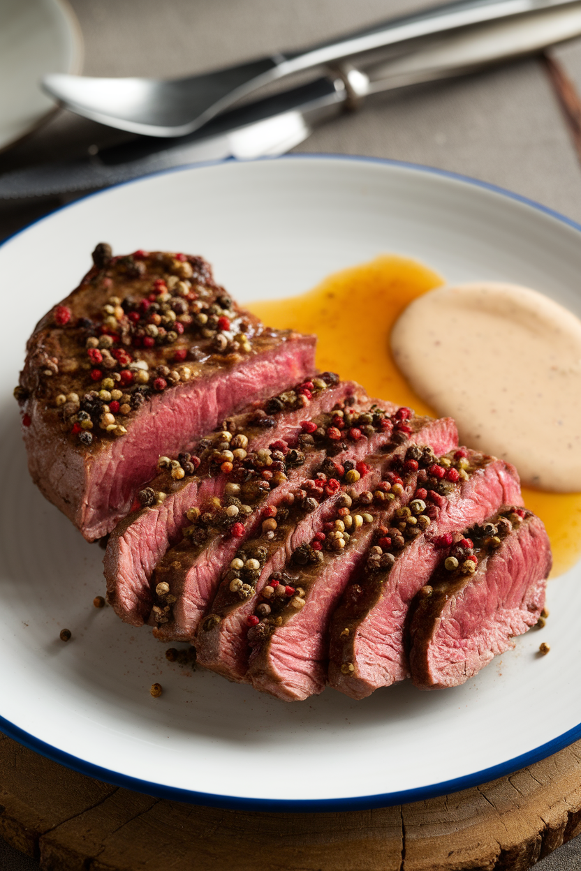 Sliced medium-rare steak coated in cracked peppercorns on a white indoor plate, brandy cream sauce pooled beside. No text or logos.