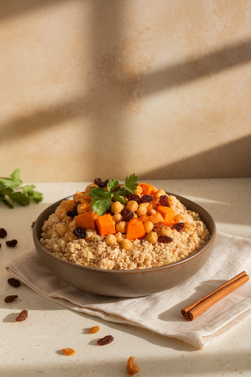 Photo of an indoor countertop with a bowl of fluffy whole-wheat couscous topped with cinnamon-paprika roasted sweet potatoes, chickpeas, raisins, and fresh parsley. No text or logos anywhere.