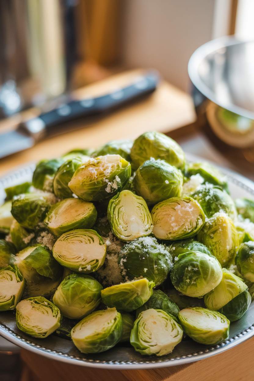 A warmly lit indoor platter piled high with halved Brussels sprouts glistening with olive oil, flecks of garlic, and grated Parmesan cheese; no text or logos. Photo only.