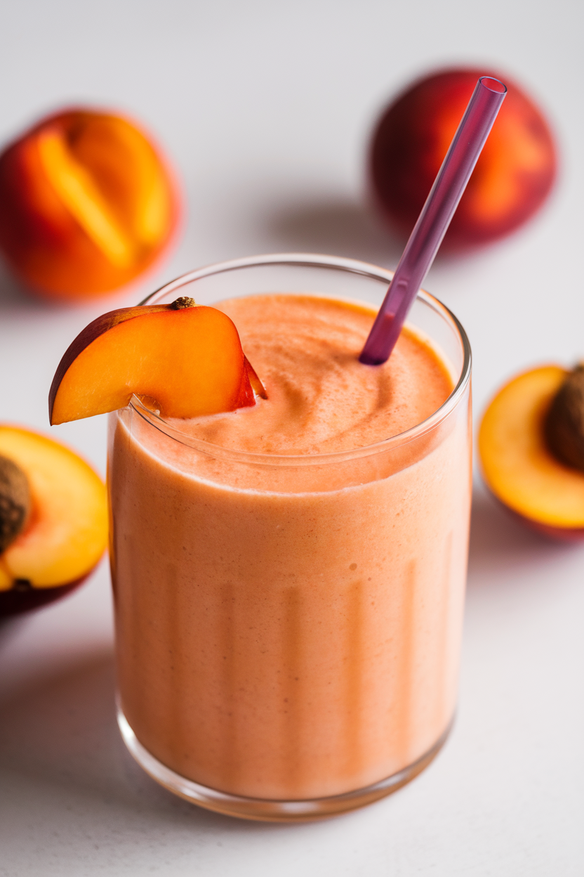 Indoor photo of vivid orange-red nectarine smoothie in a clear glass, purple straw contrasting against the hue. No text or logos.