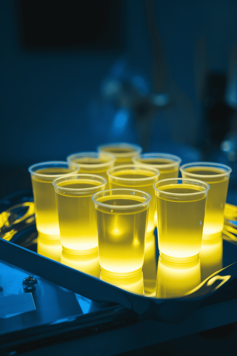 A dimly lit indoor backdrop with glowing yellow tonic-water jello shots illuminated by blacklight, cups resting on a reflective tray, no text or logos