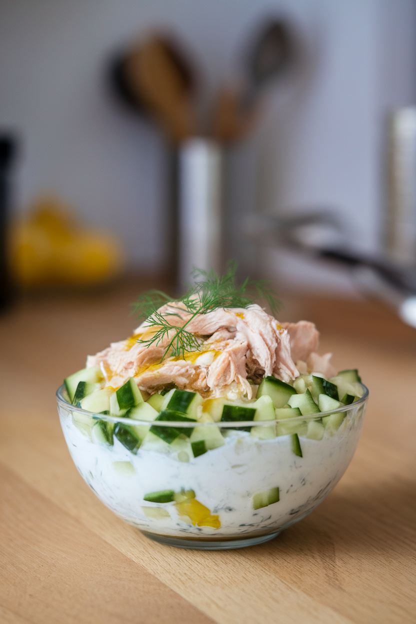 Indoor bowl featuring Greek yogurt base topped with diced cucumber, shredded chicken, dill, and a drizzle of olive oil. No text or logos.