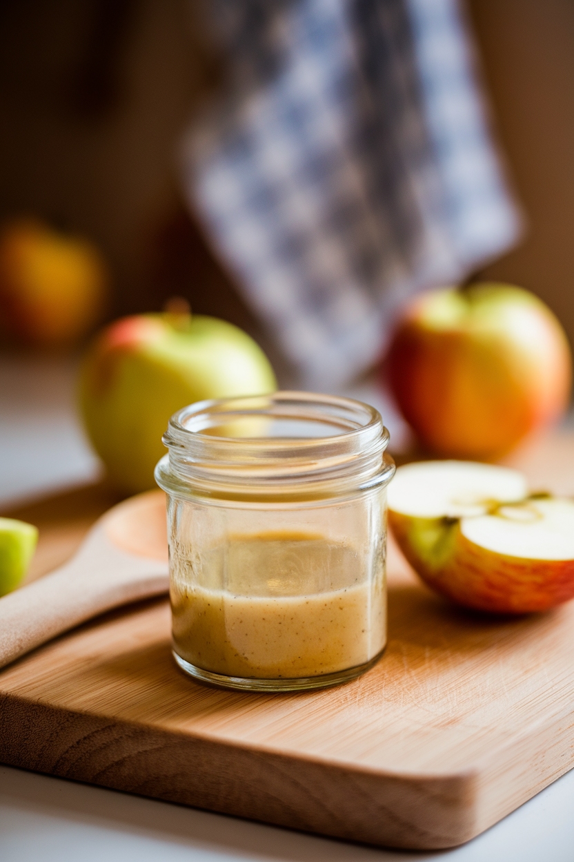 Indoor photo of a small glass jar of light amber vinaigrette beside a wooden spoon and a sliced apple on a cutting board. Soft kitchen lighting, no text or logos.