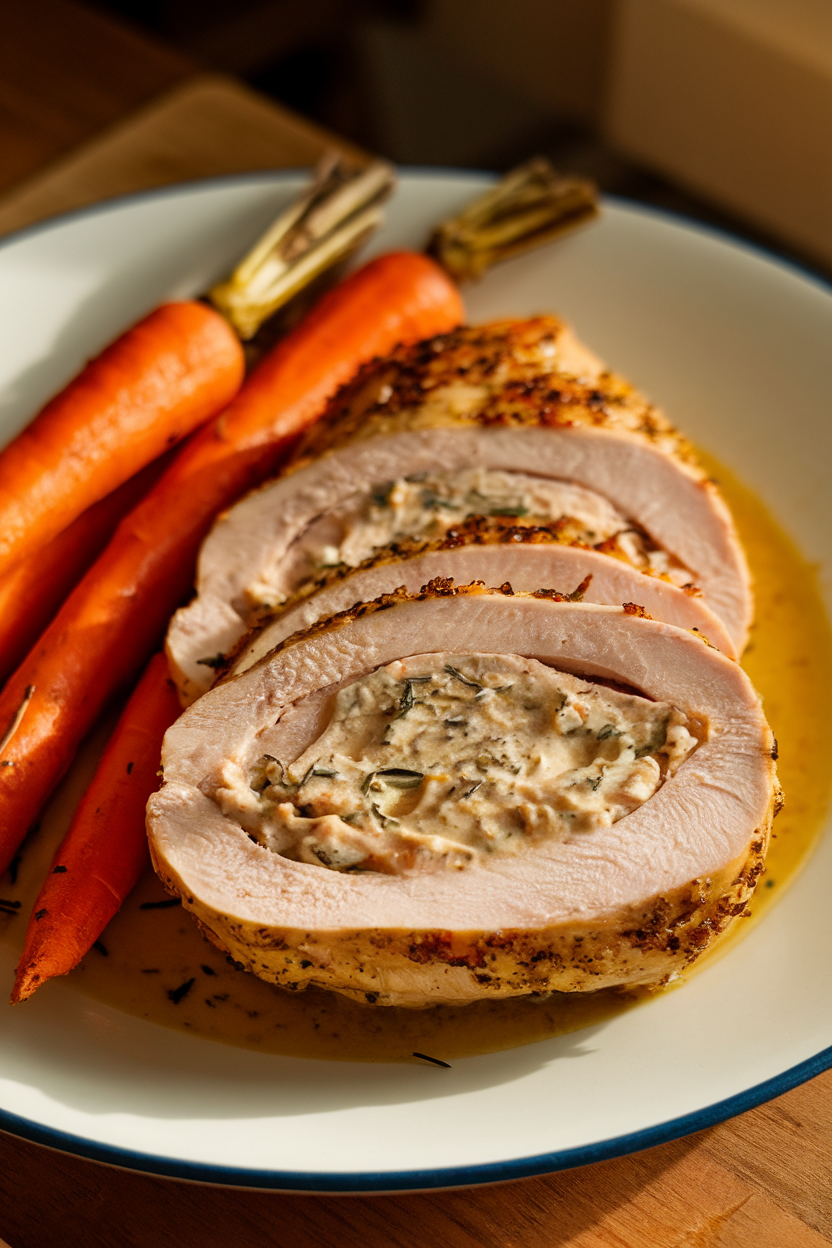 Indoor photo of sliced stuffed chicken breast showing a creamy garlic-herb filling, plated with roasted carrots; warm dining lighting, no text or logos