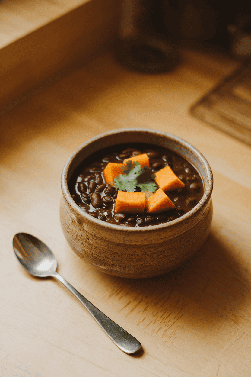 Photo of a warm indoor kitchen counter with a stoneware bowl of black bean soup featuring cubes of orange squash and a cilantro garnish; a spoon rests nearby, no text or logos present.
