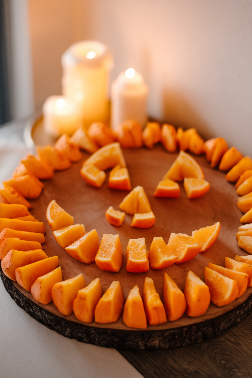 An indoor tabletop scene with a large round wooden board covered in orange wedges arranged into a smiling jack-o'-lantern face, candles softly glowing in the background. No text or logos.