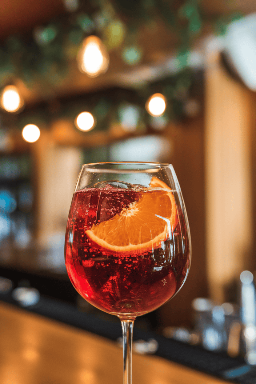 Indoor cocktail bar showing a stemmed wine glass of deep red spritz with floating orange half-moon slice, bubbles rising; no text or logos, photo.