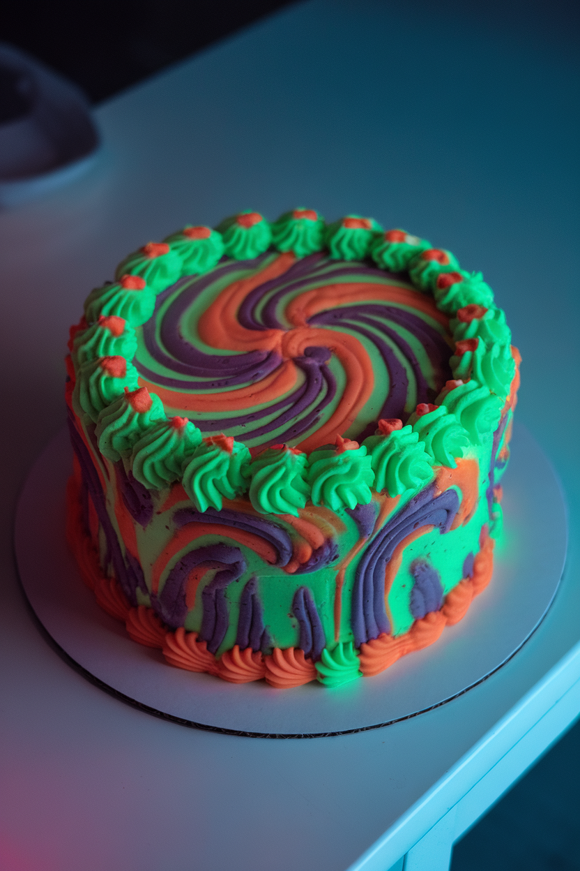 Indoor photo under black-light of a cake with swirling neon frosting in green, purple, and orange, faintly glowing. No text or logos.