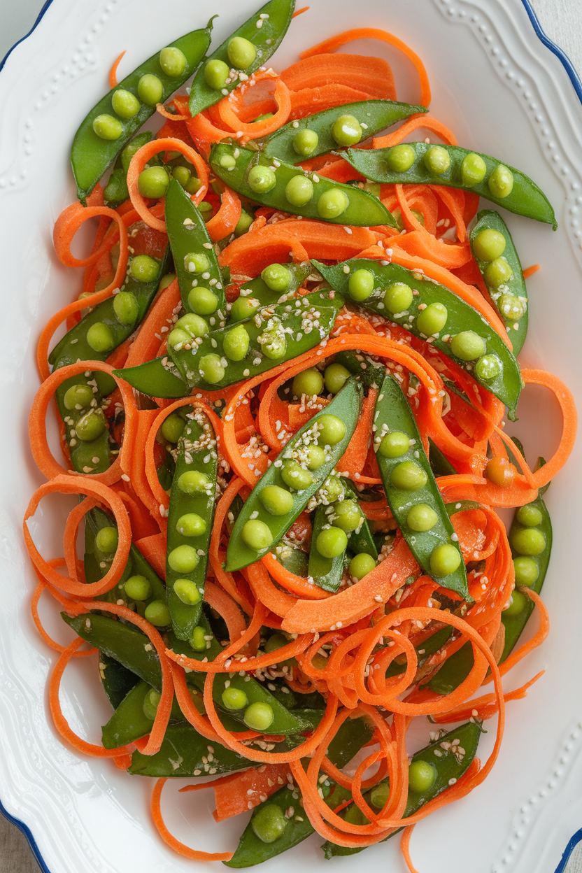 Indoor photo of thin carrot ribbons and snap peas sprinkled with sesame seeds and tossed in light dressing on a white platter; no text or logos.