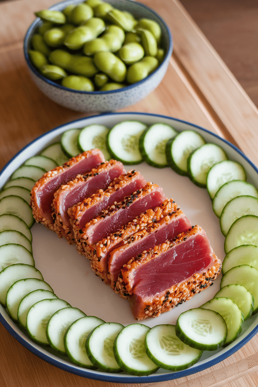 Photo of seared sesame-crusted ahi tuna slices resting next to shelled edamame and cucumber ribbons on a plate indoors, no text or logos.