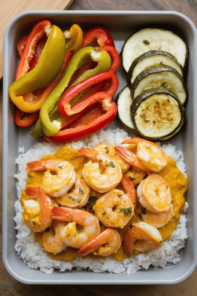 A photo of a meal-prep tray indoors containing yellow curried coconut shrimp alongside roasted bell peppers and zucchini slices. No logos or text.