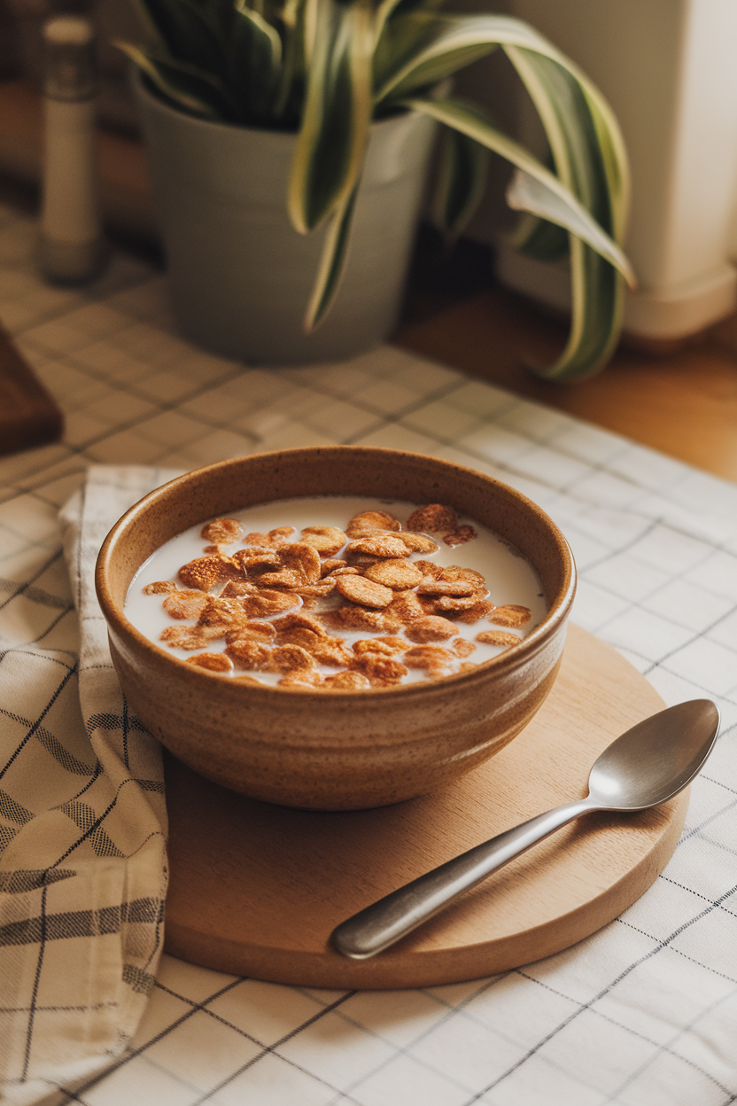 Photo of a ceramic bowl of whole-grain cereal floating in oat milk, spoon resting nearby on an indoor kitchen table. No text or logos.