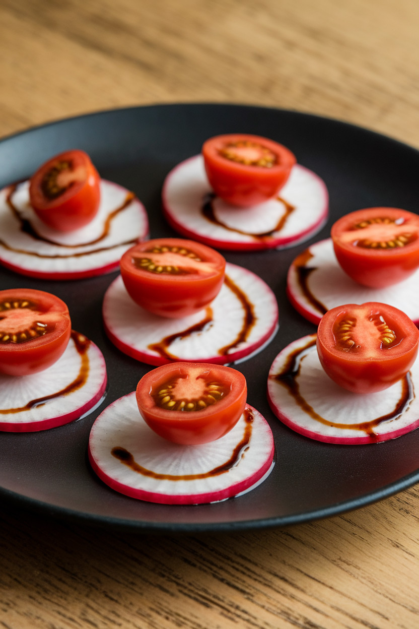 Indoor photo of halved cherry tomatoes set atop thin radish rounds, thin lines of balsamic glaze drawn outward to look like bloodshot veins, arranged on a black plate. No text or logos.