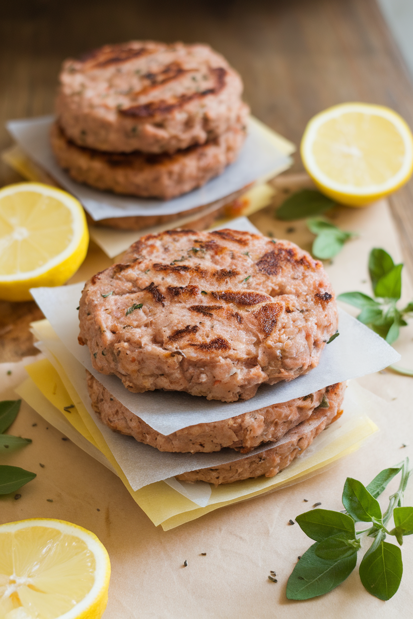 Indoor photo of turkey burger patties stacked with parchment squares between them, lemon slices and oregano sprigs nearby. No text or logos.