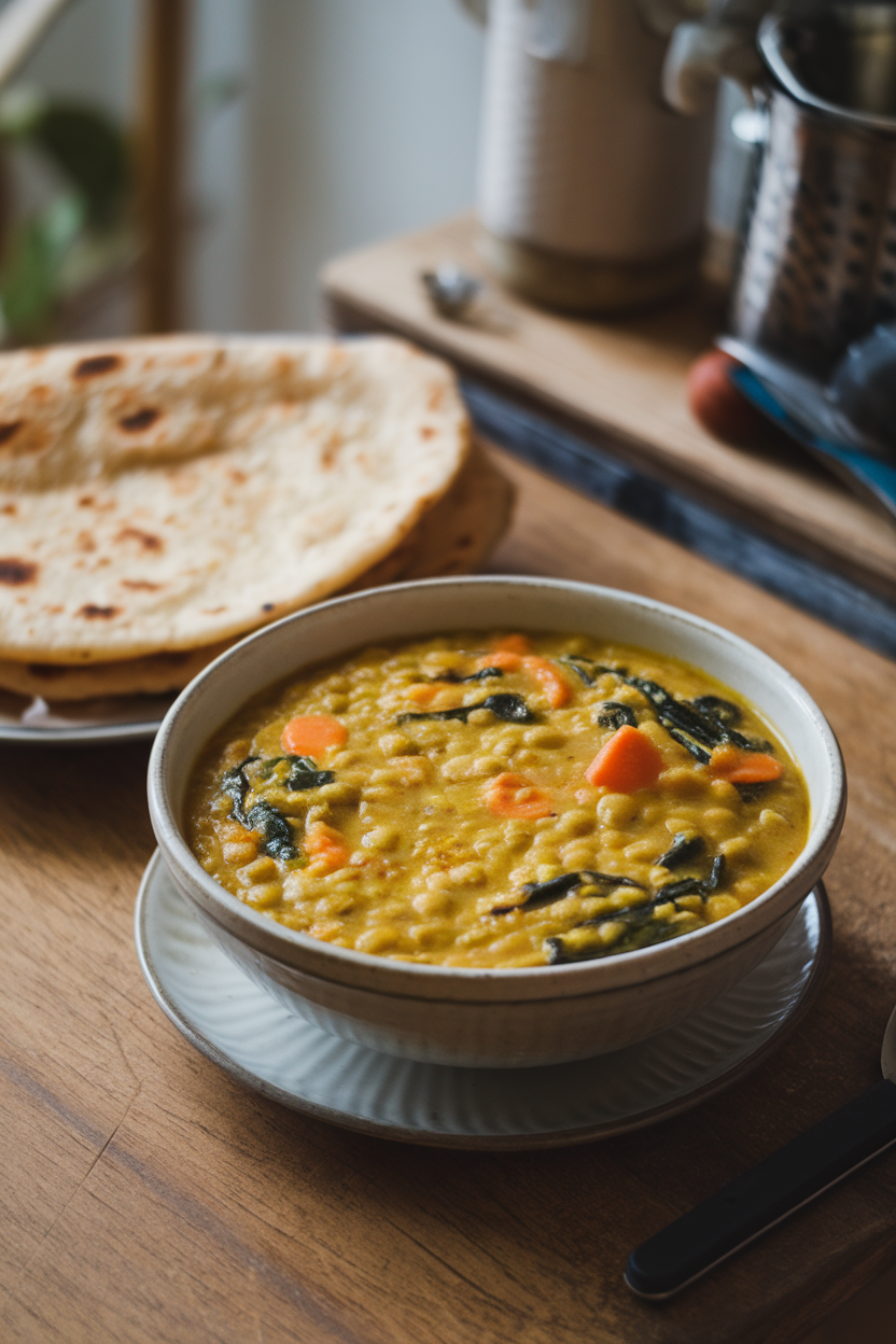 Indoor bowl of yellow lentil dal dotted with carrots and spinach, served with a folded roti on the side. No text or logos.