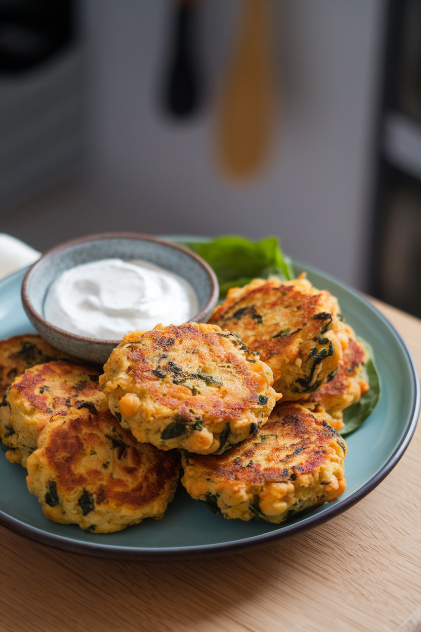 An indoor photo of a plate holding several golden chickpea and spinach patties with a small bowl of yogurt dip, no text or logos.
