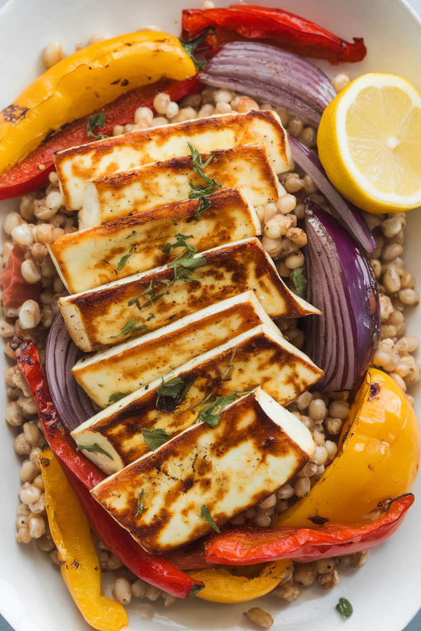 Indoor photo of seared halloumi slices over barley with roasted bell peppers, red onion, and a squeeze of lemon. No text or logos.