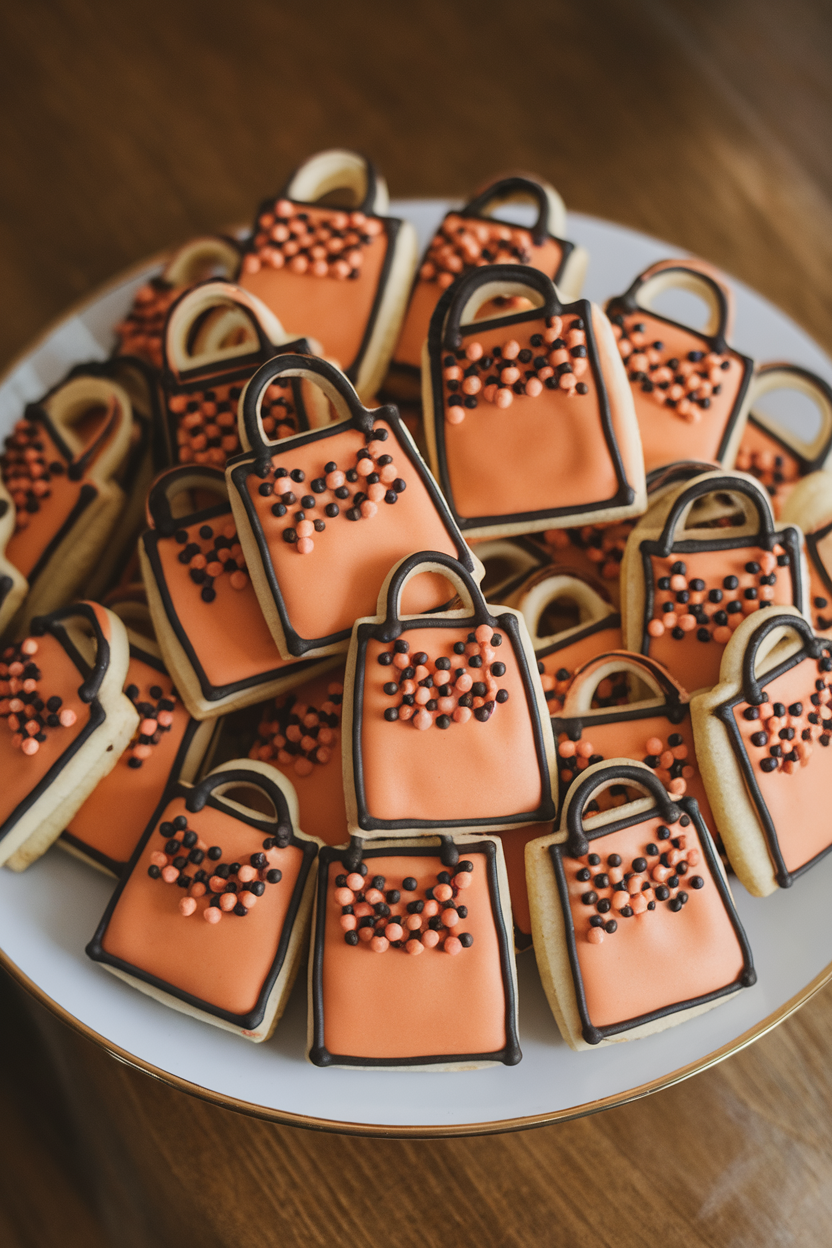 Indoor photo of small bag-shaped cookies with orange icing and black zigzag “handles,” sprinkled with mini candy pieces, no text or logos.